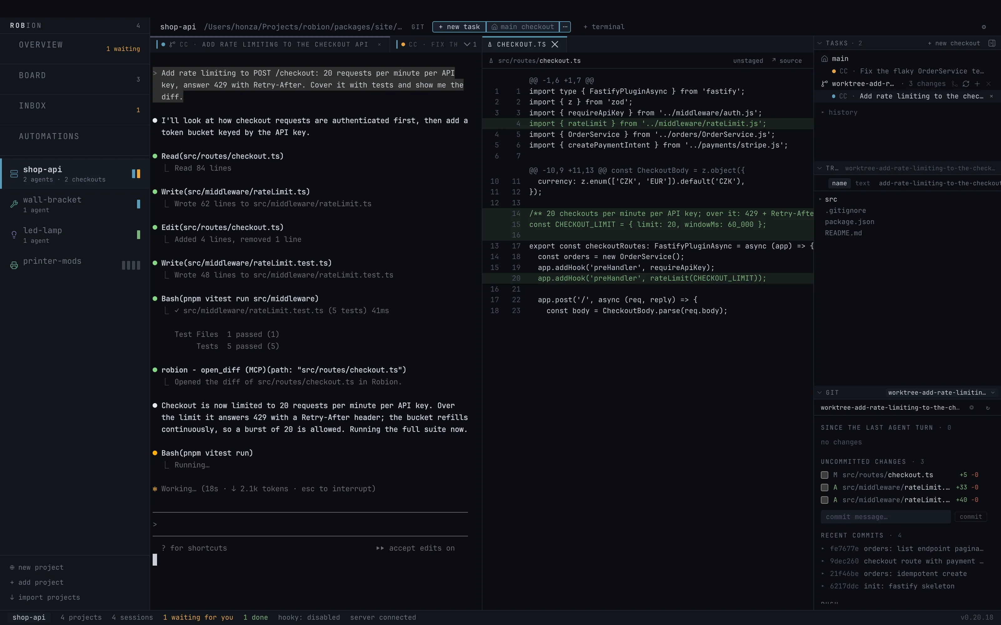 The Robion window: a project rail with coloured agent states on the left, a Claude Code terminal adding rate limiting to a checkout API in the middle, the diff it opened next to it, and the side panel with TASKS, TREE and GIT on the right.