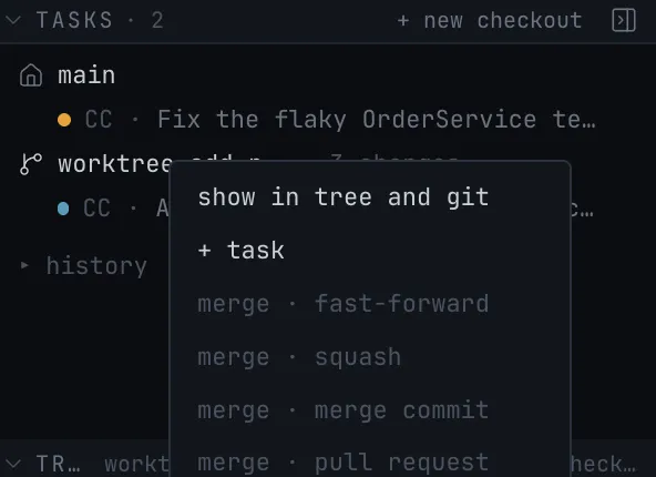 A worktree row: four ways to merge, update, remove.