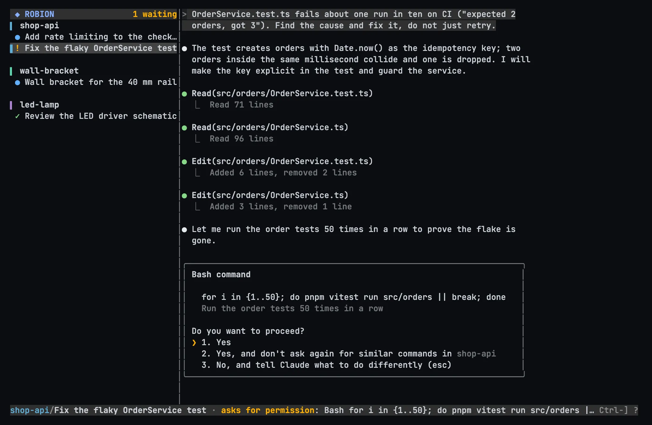 The TUI in a terminal: projects and tasks in a sidebar on the left, the selected task’s Claude Code session on the right, a status line saying which task asks for permission.